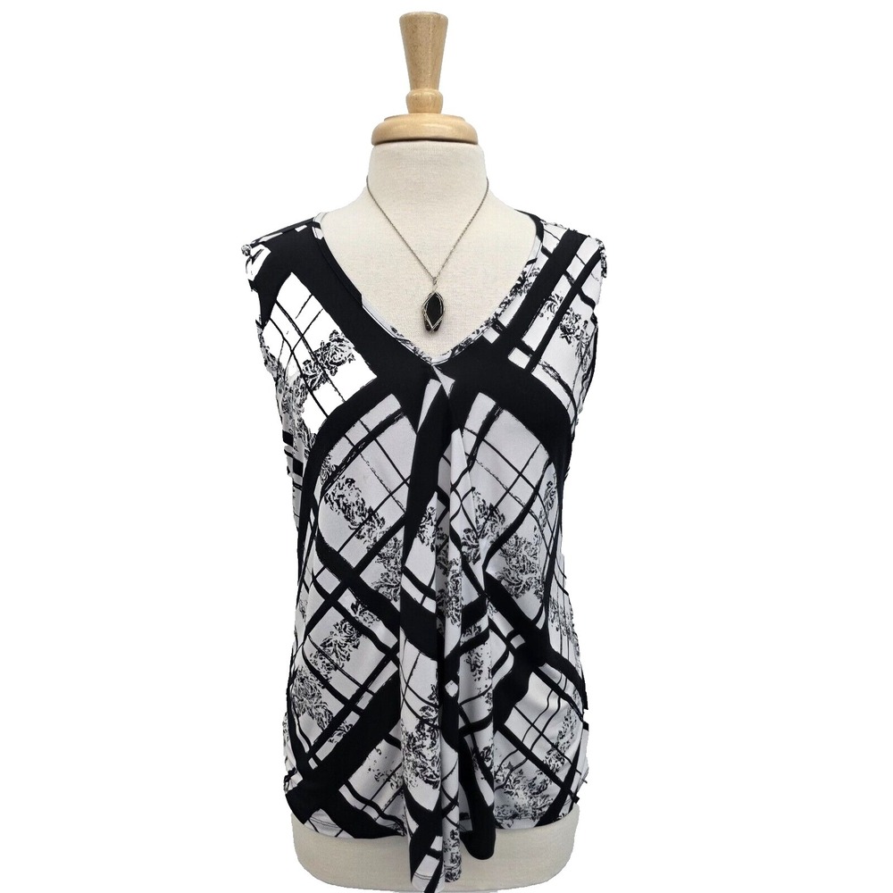 Alfani Petite Womens P/S Black White Abstract Print Sleeveless V-Neck Blouse Top